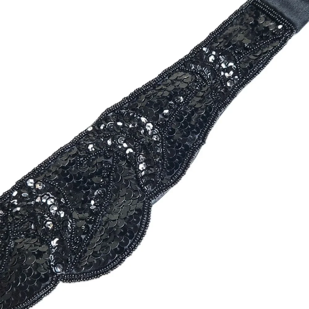 Art Deco Style Black Sequin Statement Cummerbund Belt Elasticized Retro Glam OS